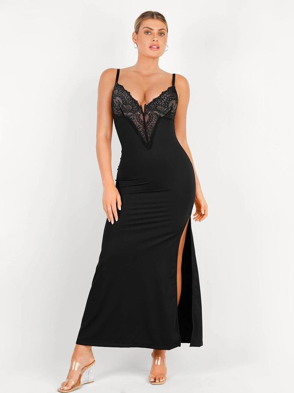 Popilush Black Lace V Neck Slimming Maxi Dress New Large